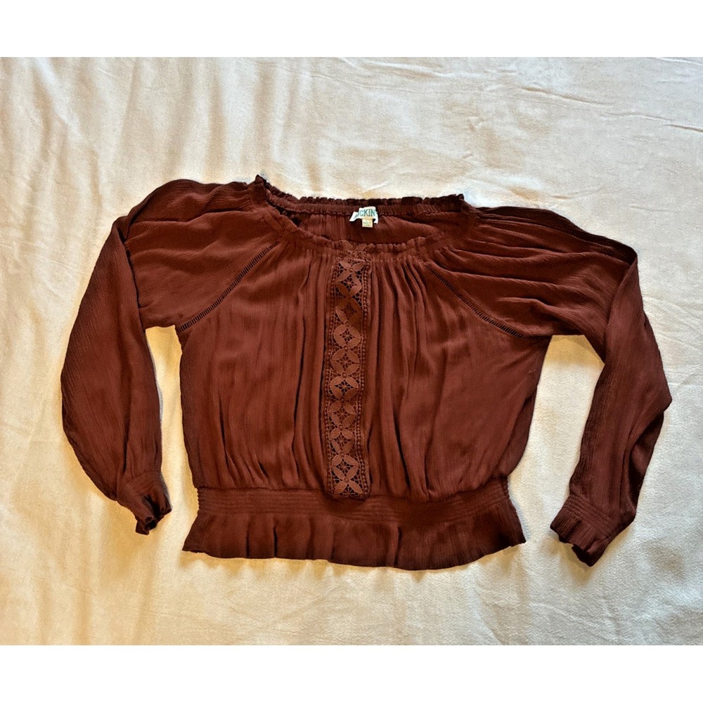 Women's Top Brown Large Boho Chic Peasant Blouse Smocking Billowy Western Core